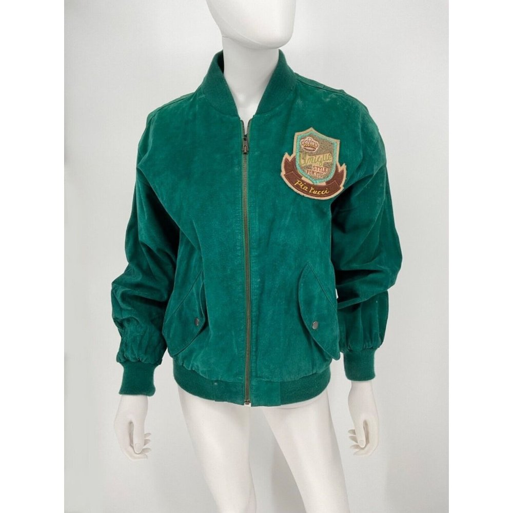 Vintage Pia Rucci Green Suede Bomber Jacket w/ Appliqué Patches Full Zip Sz M